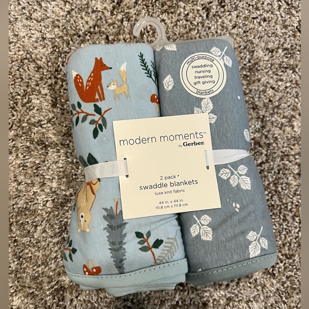 Modern Moments by Gerber 2-Pack Swaddle Blankets 44” x 44” NWT Woodland Animals
